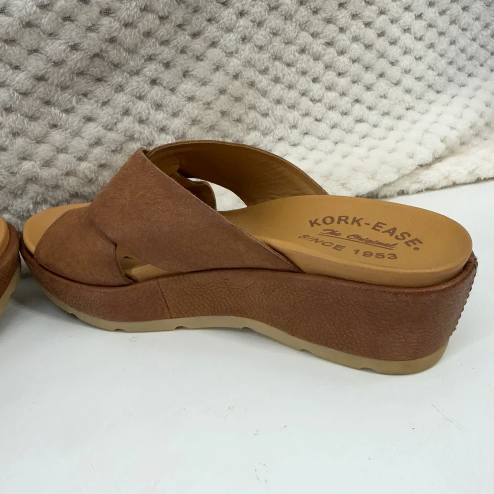 Kork-Ease K66057 Platform Slide Sandals Womens 6 Brown Leather Toe Loop Wedge